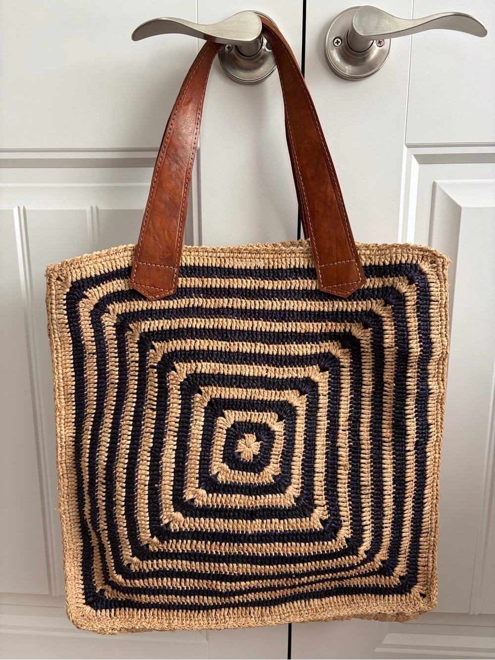 Mar Y Sol Panama Tote Black Tan Raffia Palm Leather Handle Beach Bag - Picture 8 of 15